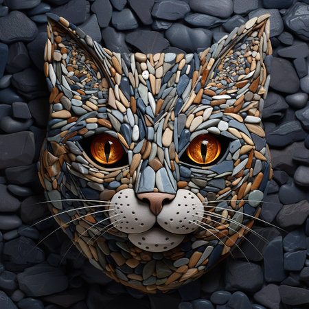 Image of cat face made with various stones gathered together. Pet. Animals. Illustration, Generative AI.の素材