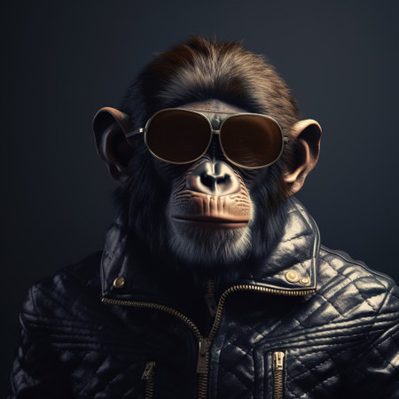 Image of a chimpanzee wore sunglasses and wore a black leather jacket on clean background. Wildlife Animals. Illustration, Generative AI.の素材