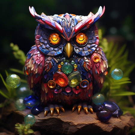 An owl made of beautiful gemstones. Bird. Wildlife Animals. Decorations. Illustration, Generative AI.の素材