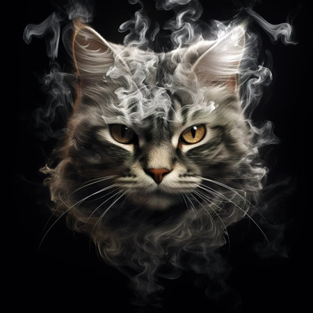 Image of a cat face with fire smoke on black background. Pet, Animals. Illustration, Generative AI.の素材