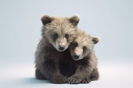 Image of two baby bears cubs cuddle together. Wildlife Animals. Illustration, Generative AI.の素材