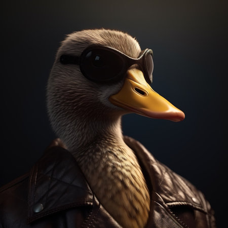 Image of a duck wore sunglasses and wore a leather jacket on clean background. Farm animals. Illustration, Generative AI.の素材