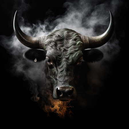 Image of an angry bull face with fire smoke on black background. Wildlife Animals. Illustration, Generative AI.の素材