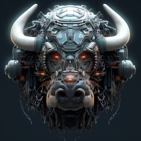 A bison head that is a futuristic machine of the future world. Wildlife Animals. Illustration, Generative AI.の素材