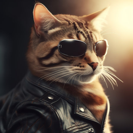 Image of a cat wore sunglasses and wore a black leather jacket on clean background. Pet. Animals. Illustration, Generative AI.の素材
