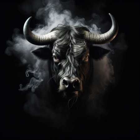 Image of an angry bull face with fire smoke on black background. Wildlife Animals. Illustration, Generative AI.の素材
