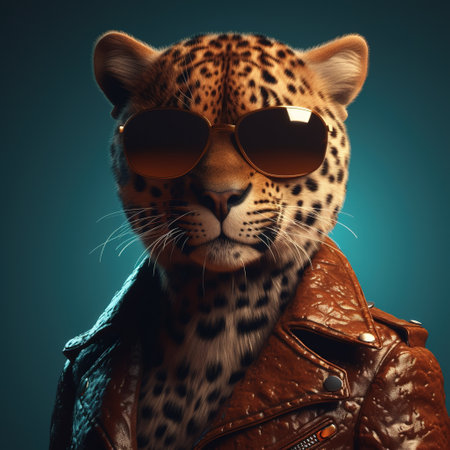 Image of a cheetah wore sunglasses and wore a leather jacket on clean background. Wildlife Animals. Illustration, Generative AI.の素材