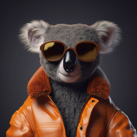 Image of a koala bear wore sunglasses and wore a leather jacket on clean background. Wildlife Animals. Illustration, Generative AI.の素材