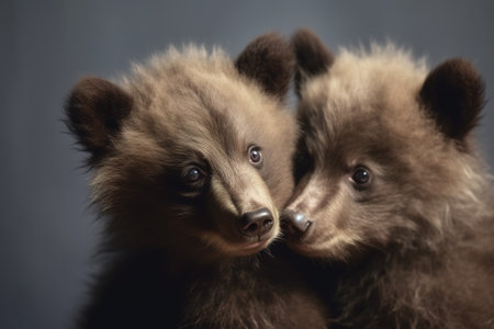 Image of two baby bears cubs cuddle together. Wildlife Animals. Illustration, Generative AI.の素材
