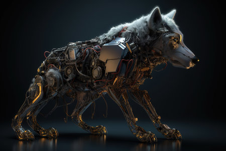 A wolf that is a futuristic machine of the future world. Wildlife Animals. Illustration, Generative AI.の素材