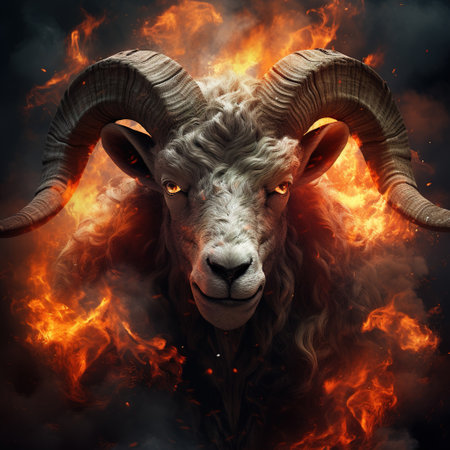 Image of angry bighorn sheep face and flames on dark background. Wildlife Animals. Illustration, Generative AI.の素材
