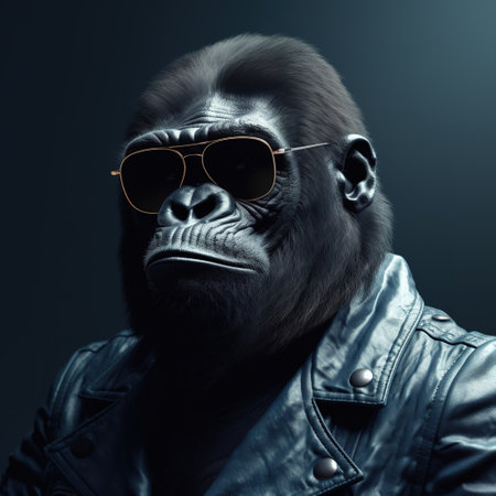 Image of stylish cool gorilla wearing sunglasses as fashion and wore a leather jacket. Modern fashion, Animals, Illustration, Generative AI.の素材