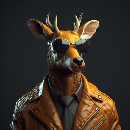 Image of a deer wore sunglasses and wore a leather jacket on clean background. Wildlife Animals. Illustration, Generative AI.の素材