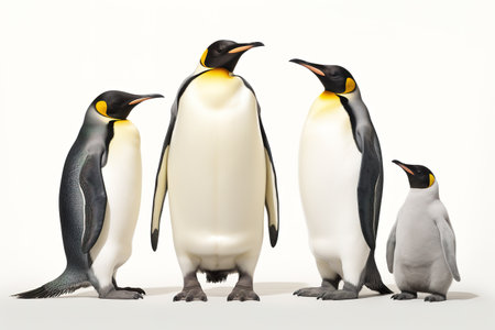 Image of family group of Emperor Penguins on white background. Wildlife Animals. Illustration, Generative AI.の素材