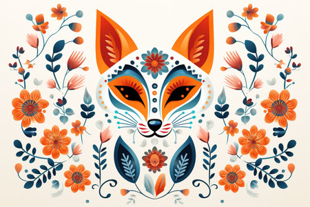Image of pattern design using fox head and flowers and leaves. Wildlife Animals. Illustration, Generative AI.の素材