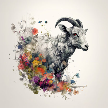 Image of a goat surrounded by colorful tropical flowers. Wildlife Animals. Illustration, Generative AI.の素材
