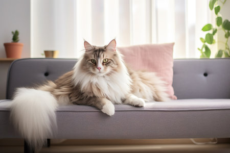 Image of cute norwegian forest cat lying on sofa. Pet. animals. Illustration, Generative AI.の素材