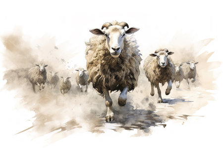 Image of a sheep is running toward you. Farm animals. Illustration, Generative AI.の素材
