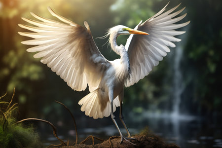 Image of a beautiful great white egret spreading its wings to fly. Bird. Illustration, Generative AI.の素材