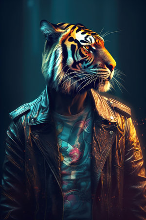 Image of stylish cool tiger as fashion and wore a leather jacket. Modern fashion, Animals, Illustration, Generative AI.の素材