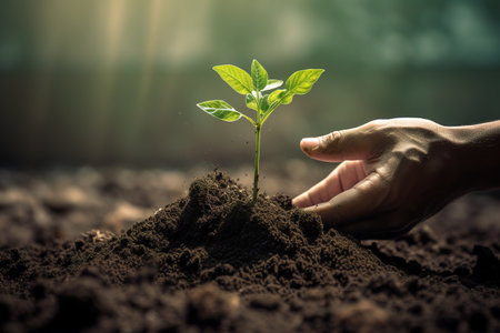Human hand planting trees on the ground. Concept of nature. Illustration. Generative AI.の素材