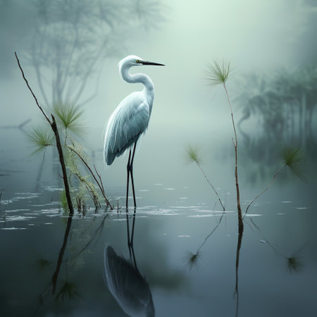 Image of great egret standing in the swamp in the middle of the forest. Birds. Animals. illustration. Generative AI.の素材