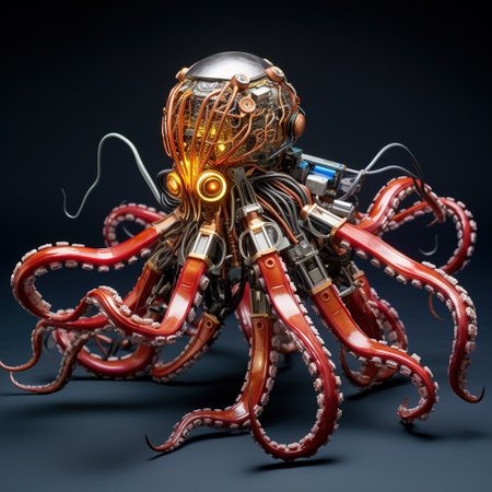 Image of an octopus made with electronic components on clean background. Undersea animals. Illustration, Generative AI.の素材