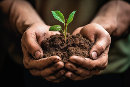 Human hands tenderly hold the plant and soil in their hands. Concept of nature. Illustration. Generative AI.の素材