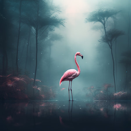 Image of flamenco bird standing in the swamp in the middle of the forest. Birds. Animals. illustration. Generative AI.の素材