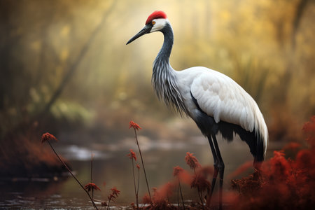 Image of red crowned crane in the fertile forest. Bird. Nature. Illustration, Generative AI.の素材