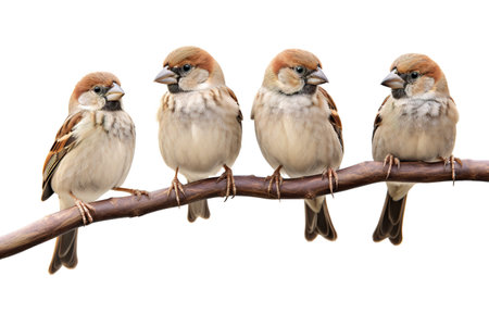 Image of family group of plain backed sparrow on the branch on white background. Birds. Wildlife Animals. Illustration, Generative AI.の素材