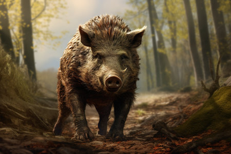 Image of wild boar in the fertile forest. Wildlife Animals. Illustration, Generative AI.の素材