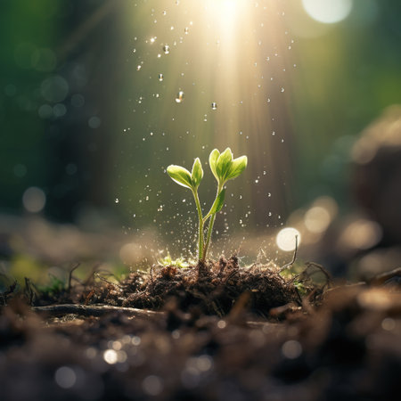 A sapling of a plant growing out of the ground in a lush forest in the morning atmosphere. Illustration. Generative AI.の素材