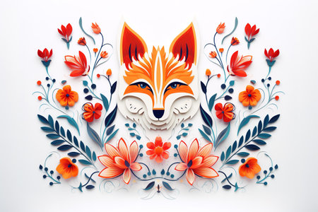 Image of pattern design using fox head and flowers and leaves. Wildlife Animals. Illustration, Generative AI.の素材