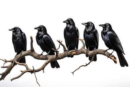 Image of group of crows on a branch on a white background. Birds. Animals. Illustration, Generative AI.の素材