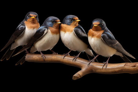 Image of group of barn swallow on a branch on a black background. Birds. Animals. Illustration, Generative AI.の素材