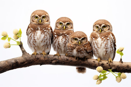 Image of group of an asian barred owlet on a branch on a white background. Birds. Animals. Illustration, Generative AI.の素材