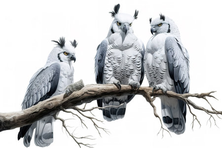 Image of group of harpy eagle on a branch on a white background. Birds. Animals. Illustration, Generative AI.の素材