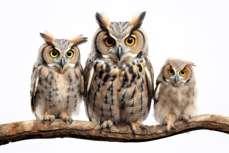 Image of group of barred eagle-owl on a branch on a white background. Birds. Animals. Illustration, Generative AI.の素材