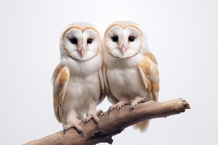 Image of two barn owl on a branch on a white background. Birds. Animals. Illustration, Generative AI.の素材