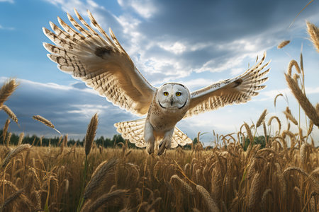 Image of an barn owl is spreading its wings and flying in the meadow. Bird. Wildlife Animals. Illustration, Generative AI.の素材