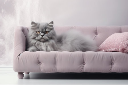 Image of cute silver lambkin cat lying on sofa. Pet. animals. Illustration, Generative AI.の素材