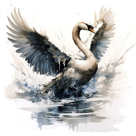 Image of drawing of a swan spreading its wings on white background. Bird. Wildlife Animals. Illustration, Generative AI.の素材