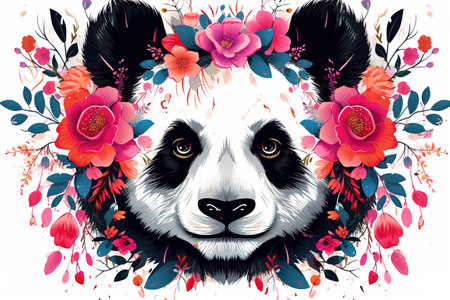Image of pattern design using panda and flowers and leaves. Wildlife Animals. Illustration, Generative AI.の素材