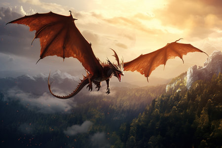 Image of dragon flying in the sky. Mythical creatures. 
Illustration, Generative AIの素材