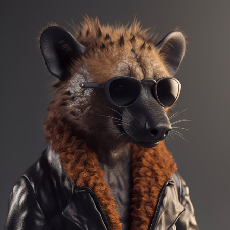 Image of a hyenas wore sunglasses and wore a leather jacket on clean background. Wildlife Animals. Illustration, Generative AI.の素材