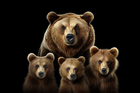 Image of family group of bears on black background. Wildlife Animals. Illustration, Generative AI.の素材