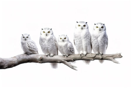 Image of family group of snowy owl on the branch on white background. Birds. Wildlife Animals. Illustration, Generative AI.の素材