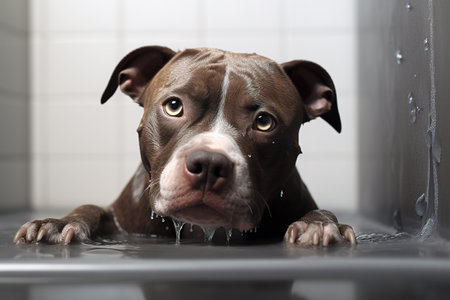 Image of funny picture of a pitbul dog taking a bath with soap bubbles. Pet. Animal. Illustration, Generative AI.の素材