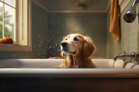 Image of funny picture of a golden retriever dog taking a bath with soap bubbles. Pet. Animal. Illustration, Generative AI.の素材